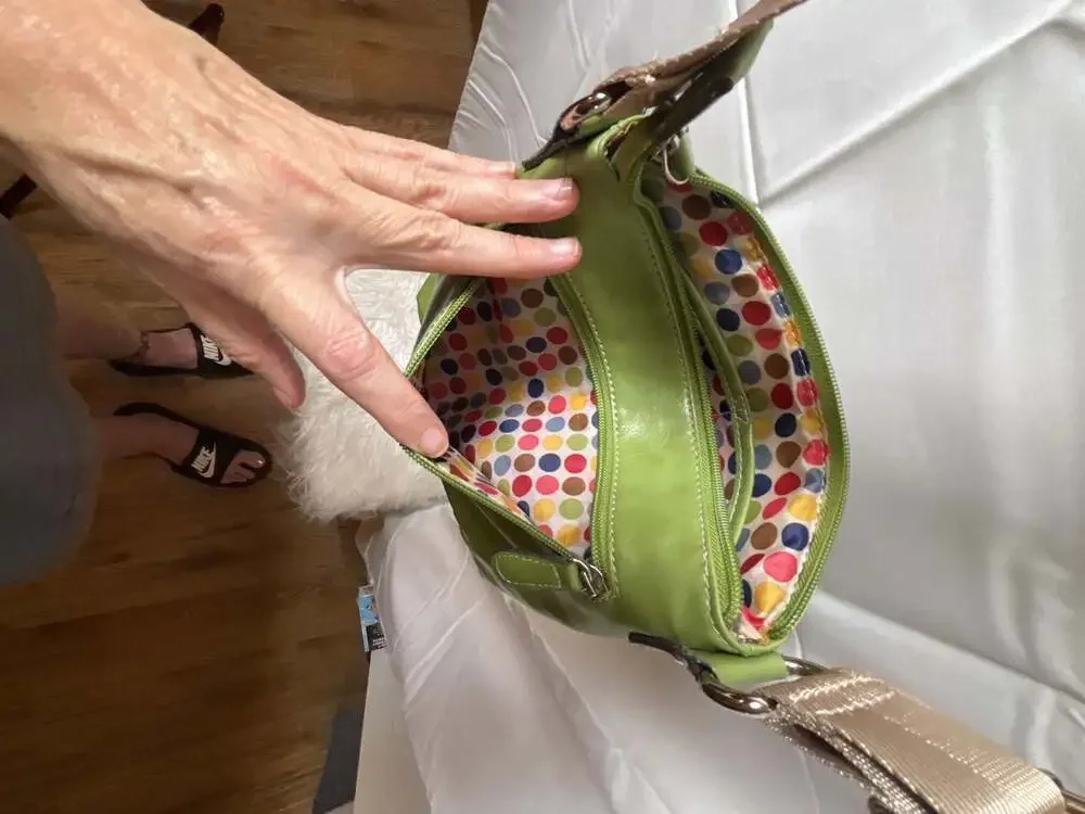 Franco Sarto Green Faux Leather Multi-Pocket Crossbody Bag with Polka Dot Interi